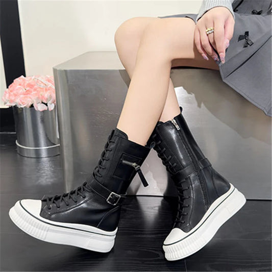 Leather Belt Buckle Platform Western Boot