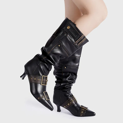 Pointed Toe Metal Rivet Gothic Knee-High Boot