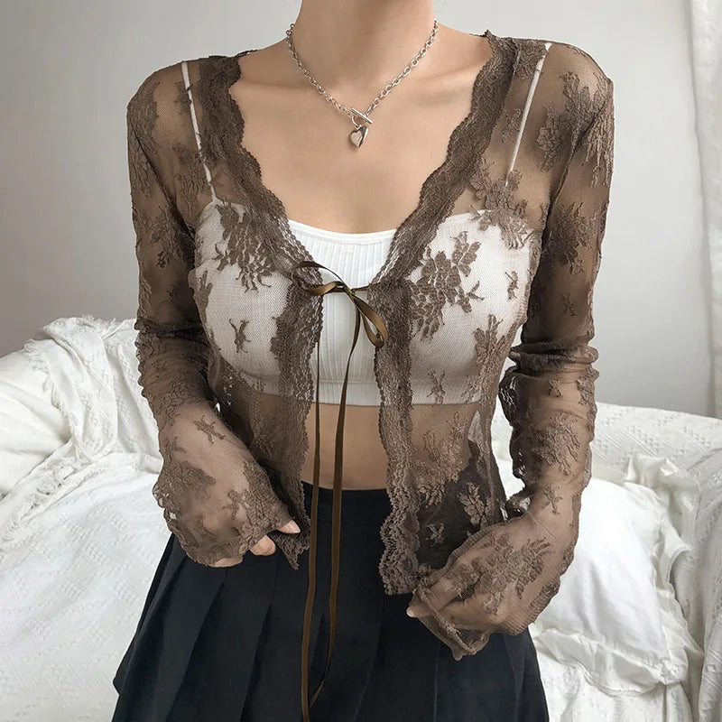 Tie Up Cropped Mesh Top
