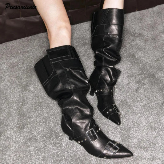 Pointed Toe Metal Rivet Gothic Knee-High Boot