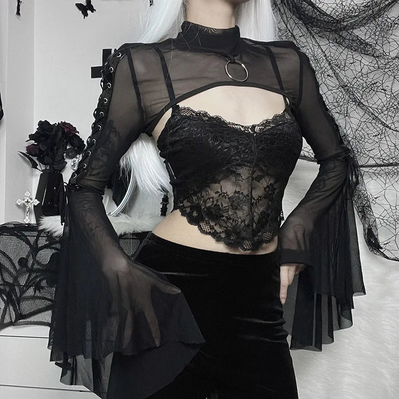 Black Mesh Lace Up Flared Blouse
