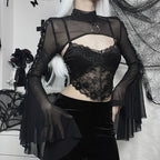 Black Mesh Lace Up Flared Blouse