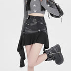 Irregular PU Leather Ruffle Skirt