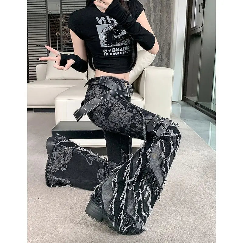 Punk Gothic Black Print Flare Pant