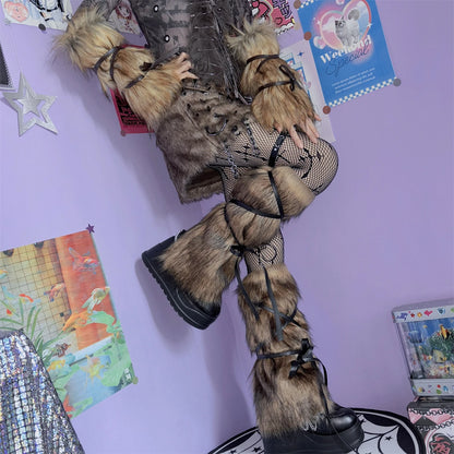 Gothic Strappy Faux Fur Winter Sock