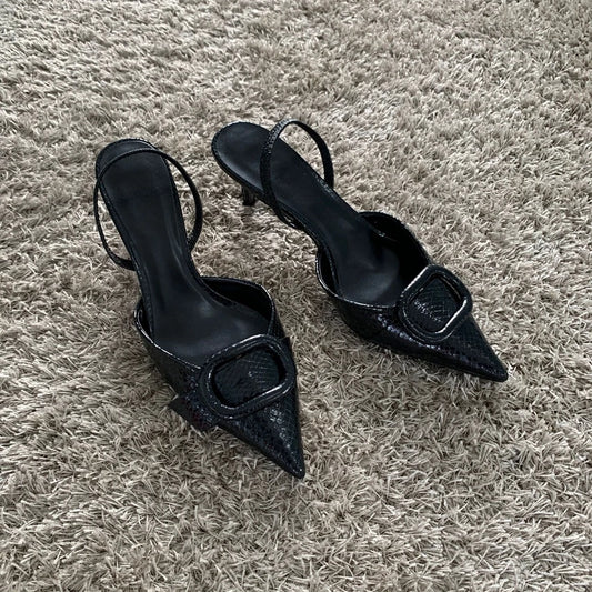Black Leather Pointed Toe Gothic High Heel