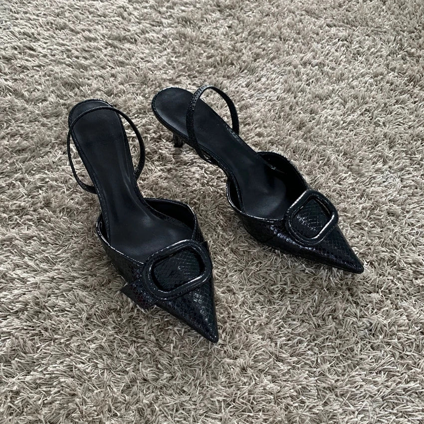 Black Leather Pointed Toe Gothic High Heel Main image