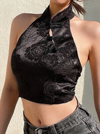 Jacquard Black Halter Lace-Up Bow Crop Top