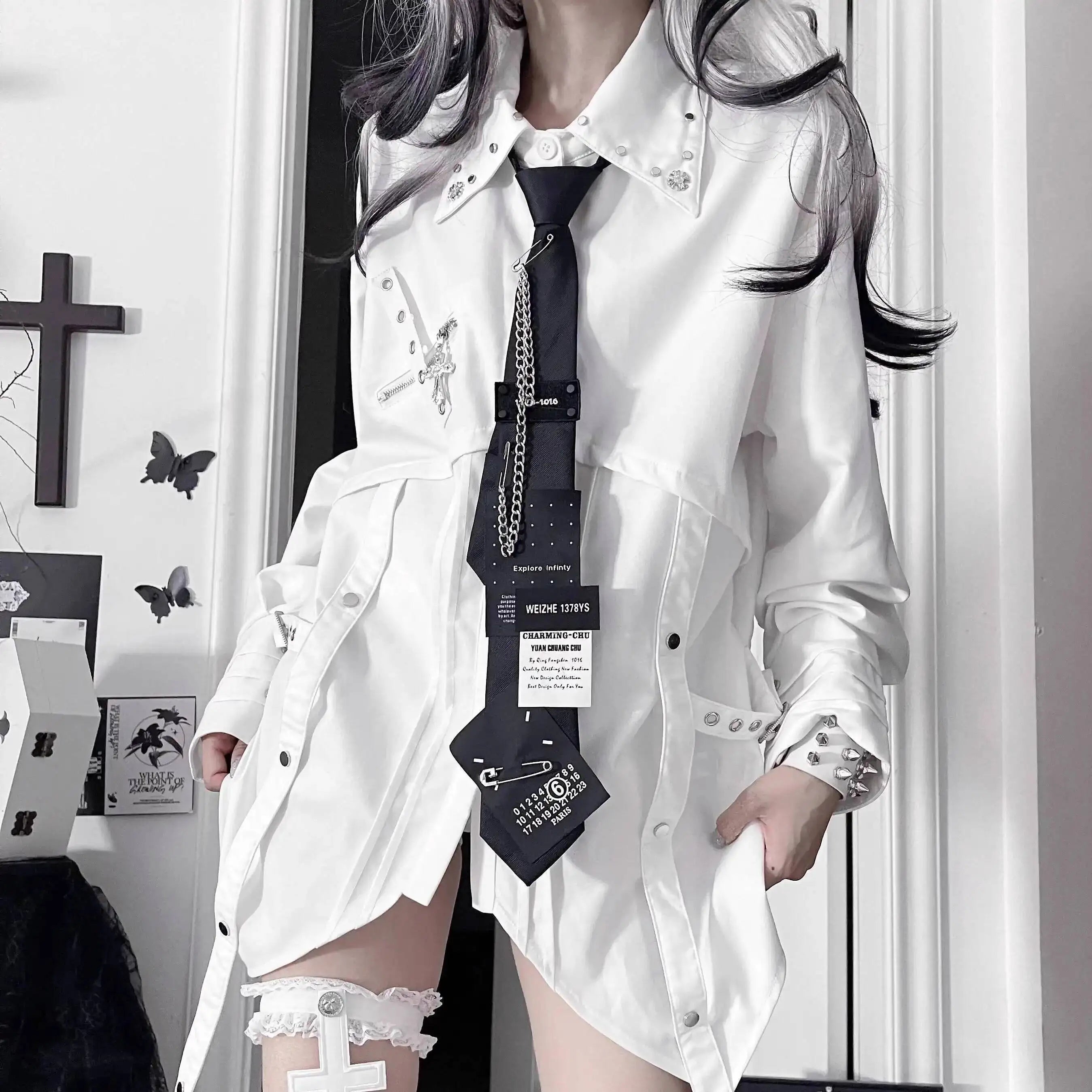 Gothic Metal Accent Tie Blouse