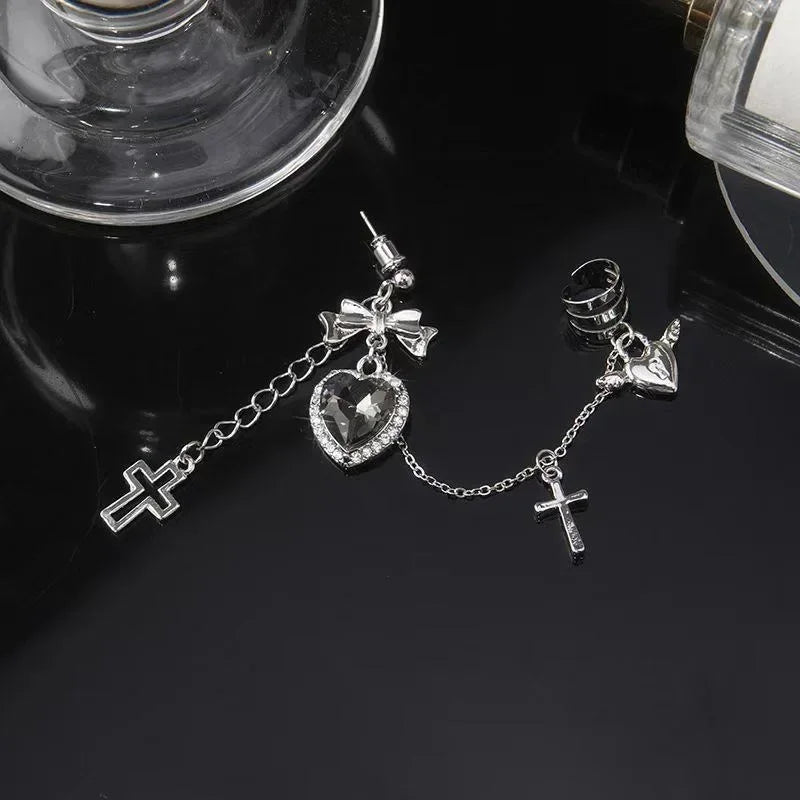 Punk Vintage Metal Cross Black Heart Earring