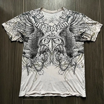 Grunge Wings Print Cotton T-shirt