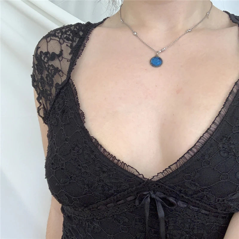 Fairycore Grunge V Neck Lace Crop Top