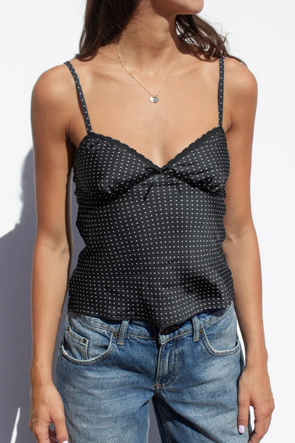 Retro Dots Print Lace Trim V Neck Crop Top