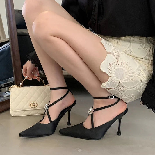 Rhinestone Gothic Black Satin Mary Janes High Heel