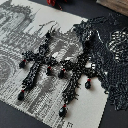Punk Star Cross Silver Hollow Heart Earring