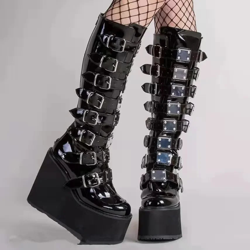 Thigh High Black Leather Gothic Platform Boot