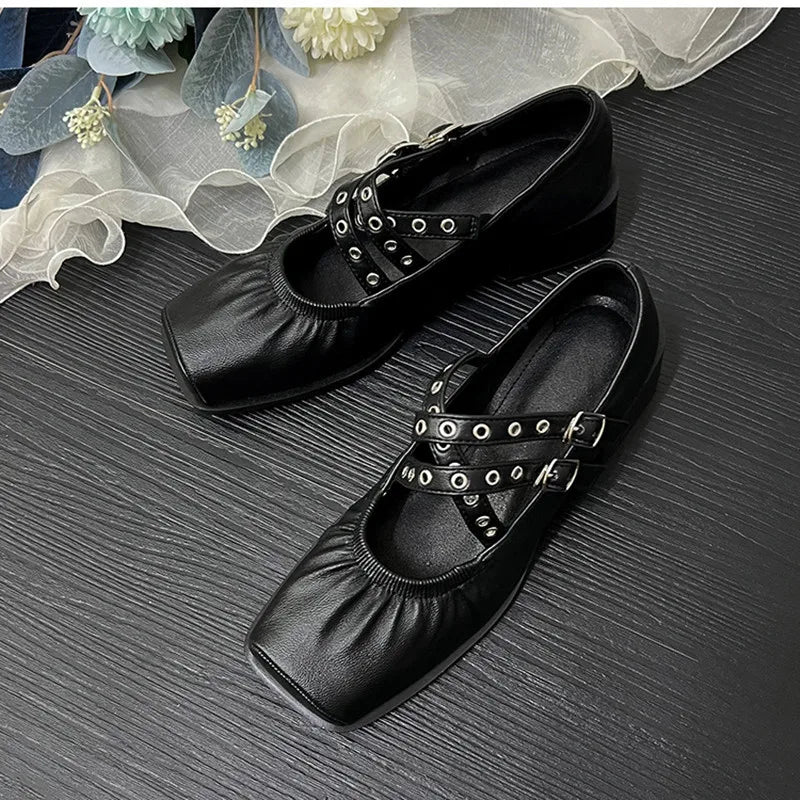 Square Toe Rivet Mary Janes Leather Flat Main image