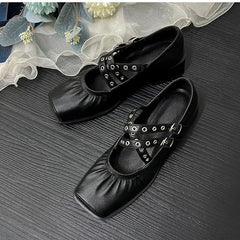 Square Toe Rivet Mary Janes Leather Flat