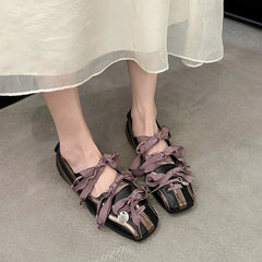 Spring Color Matching Small Square Bow Lazy Slip-On Flat