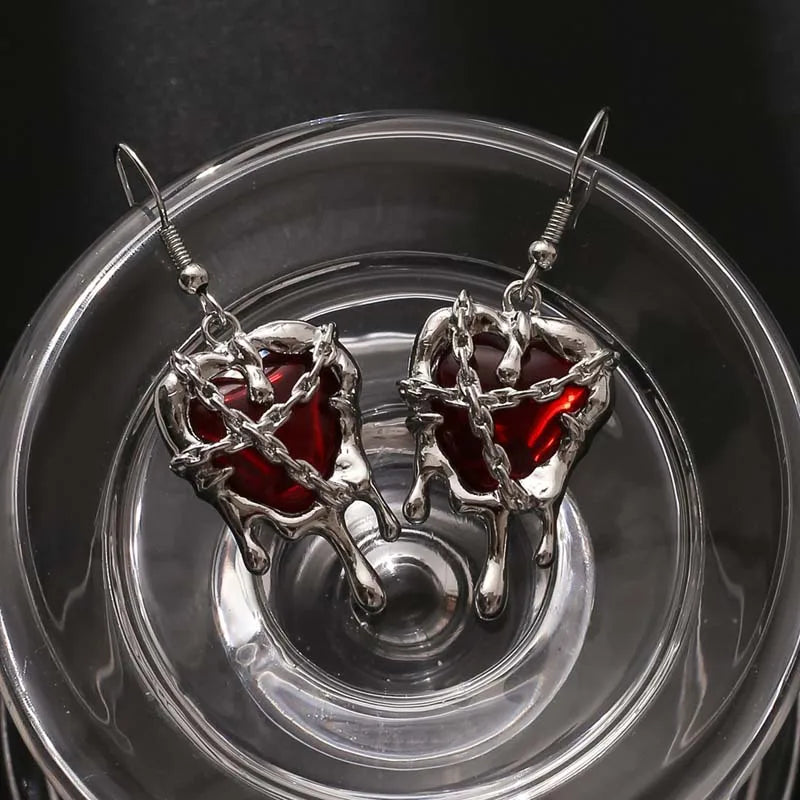 Gothic Red Crystal Lava Heart Pendant Earring