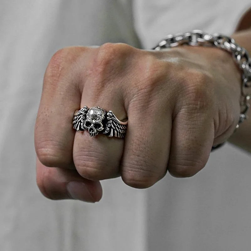 Retro Wings Skull Head Gothic Ring Main image