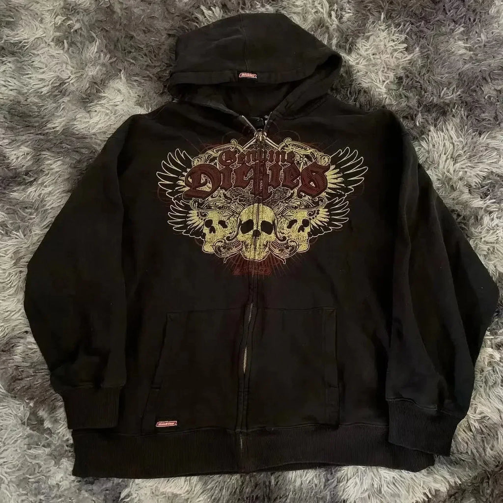 Gothic Skull Print Zip Up Hoodie