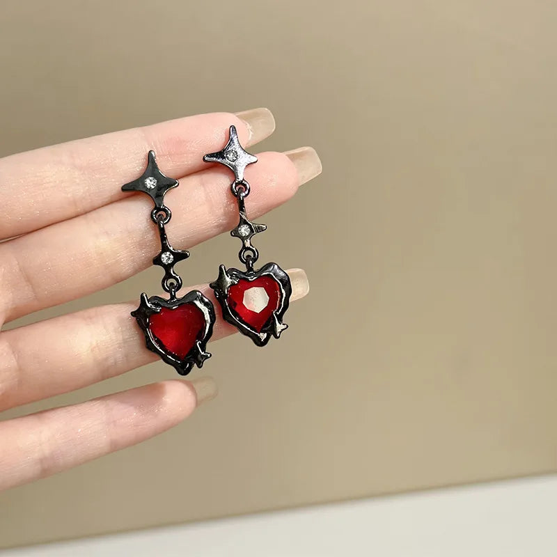 Y2K Goth Heart Cross Red Zircon Tassel Earring Main image