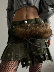 Faux Fur Gothic Metal Chain Spliced Belt