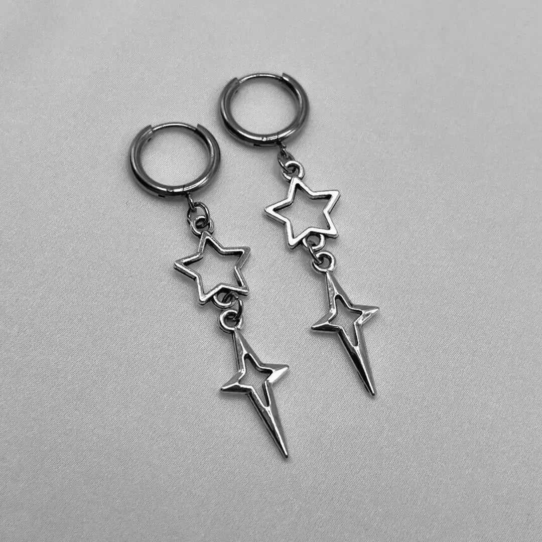 Punk Star Cross Silver Hollow Heart Earring