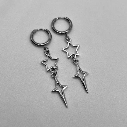 Punk Star Cross Silver Hollow Heart Earring