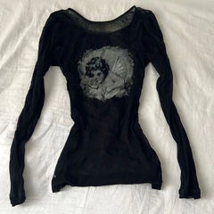 Y2K Goth Graphic Print Slim Knit Top