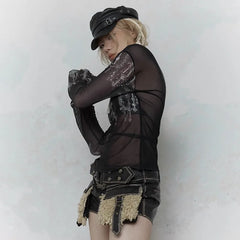 Off-Shoulder Graphic Mesh Top