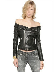 Off-Shoulder PU Leather Jacket