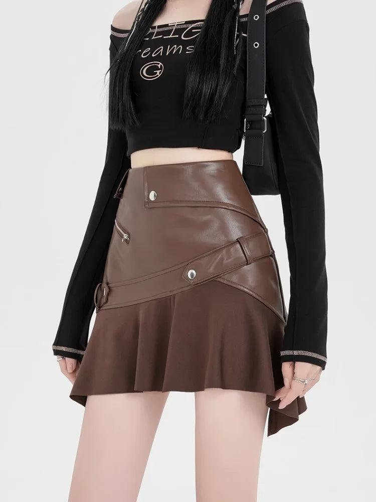 Irregular PU Leather Ruffle Skirt
