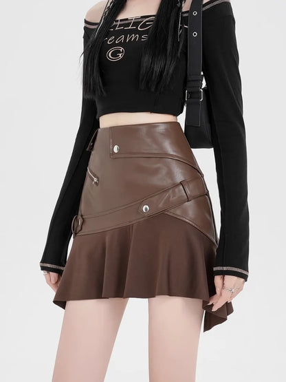Irregular PU Leather Ruffle Skirt
