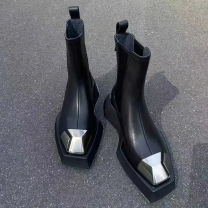 Metal Square Toe Platform Chelsea Gothic Short Boot