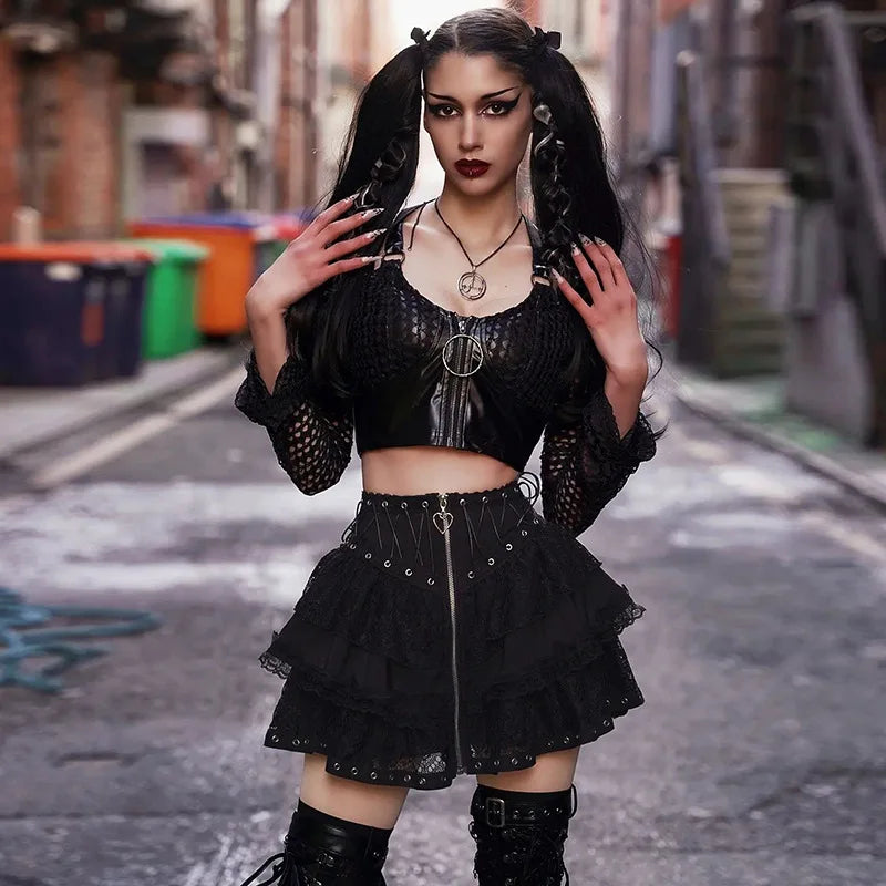 Zipper Front Vintage Black Skirt