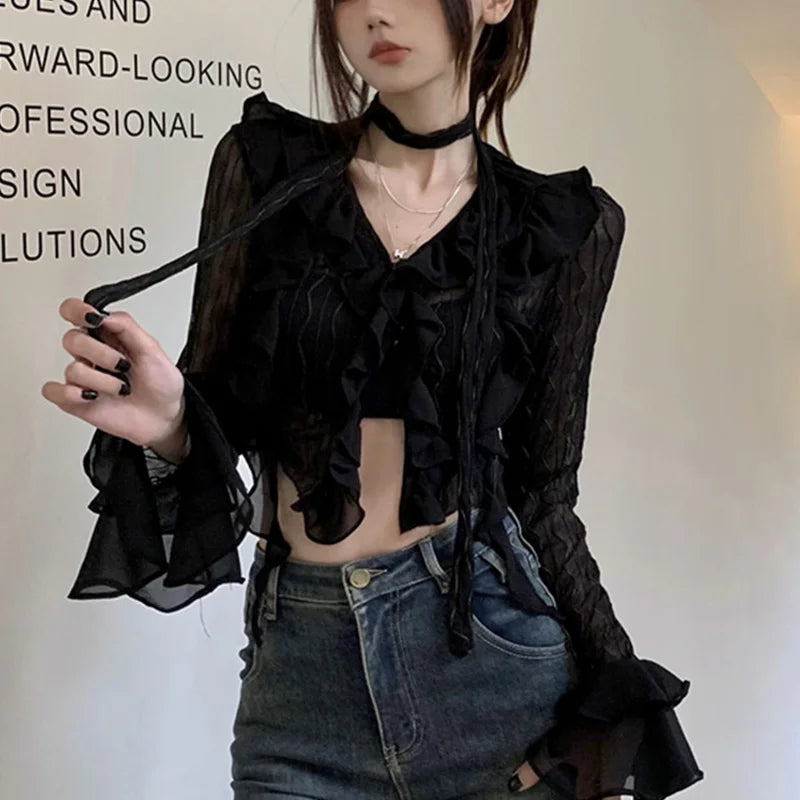 Sheer V-neck Flared Sleeve Blouse