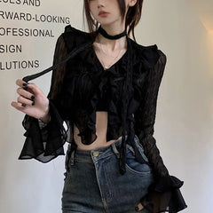 Sheer V-neck Flared Sleeve Blouse