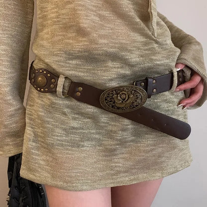Retro Y2K Gothic Bohemian Wide Brown Belt