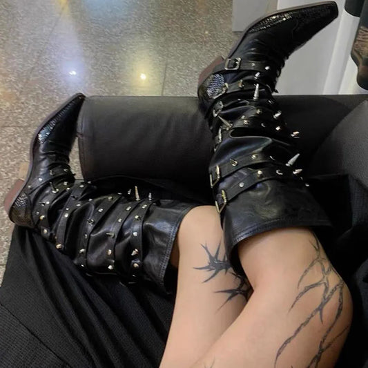 2024 Punk Rivet Knee High Chunky Gothic Boot