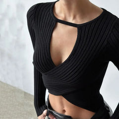 Hollow Out Knit Long Sleeve Undershirt Crop Top