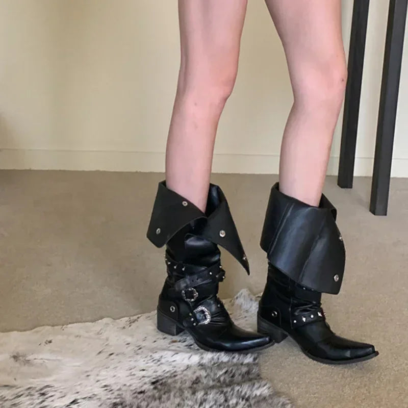 Black Punk Knee High Gothic Motorcycle Boot