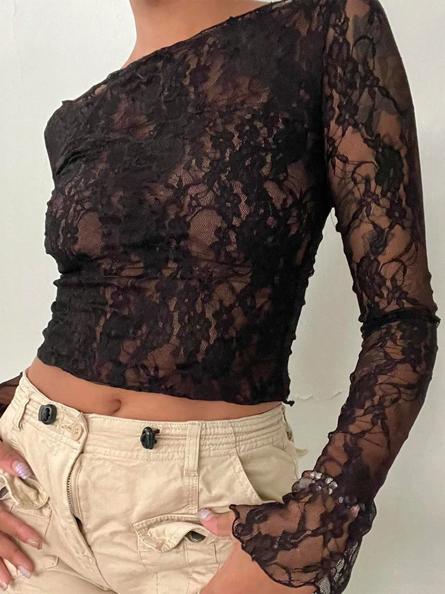 Floral Lace Long Sleeve Y2K Crop Top Main image