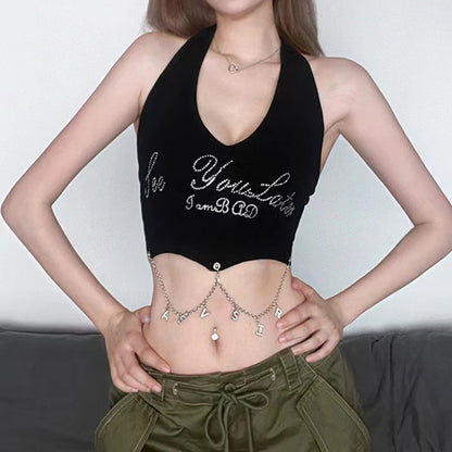 Diamond Letter Chain Halterneck Slim Crop Top