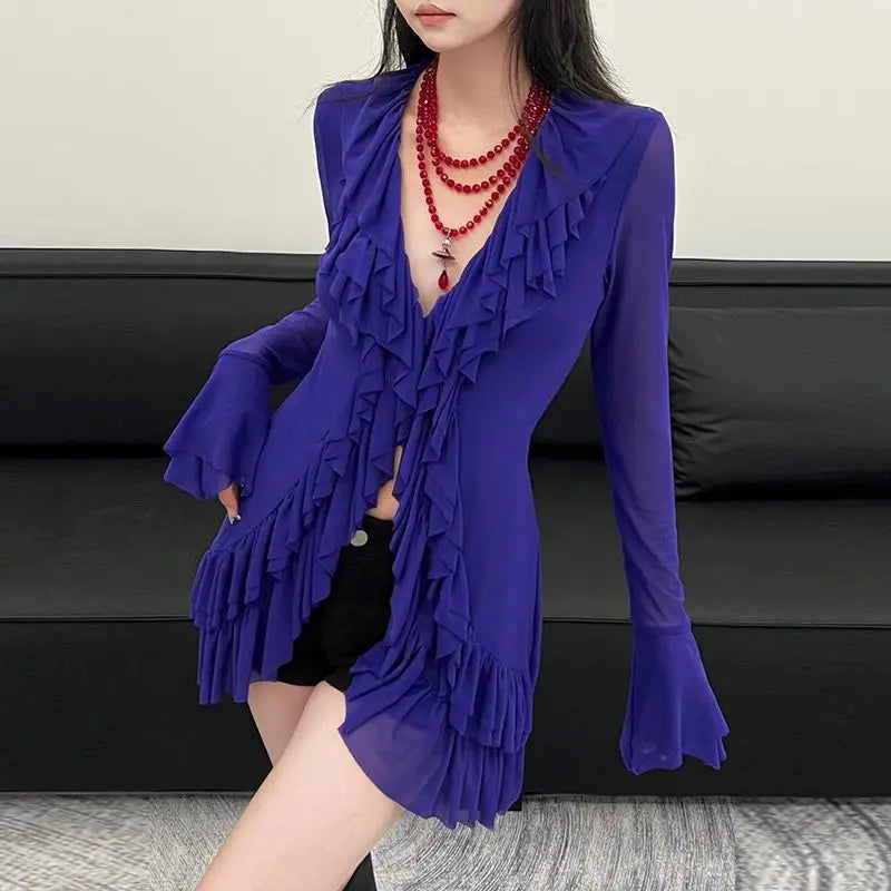 V-neck Long Sleeve Ruffle Blouse