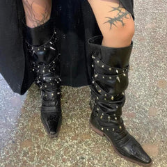 2024 Punk Rivet Knee High Chunky Gothic Boot
