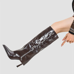Runway Gothic Patent Leather Metal Buckle Knee-High Boot