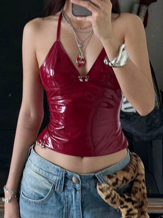 Metal Button PU Leather Punk Halter Crop Top