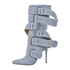 Pointed Toe Mid-Calf Buckle Stiletto Boot